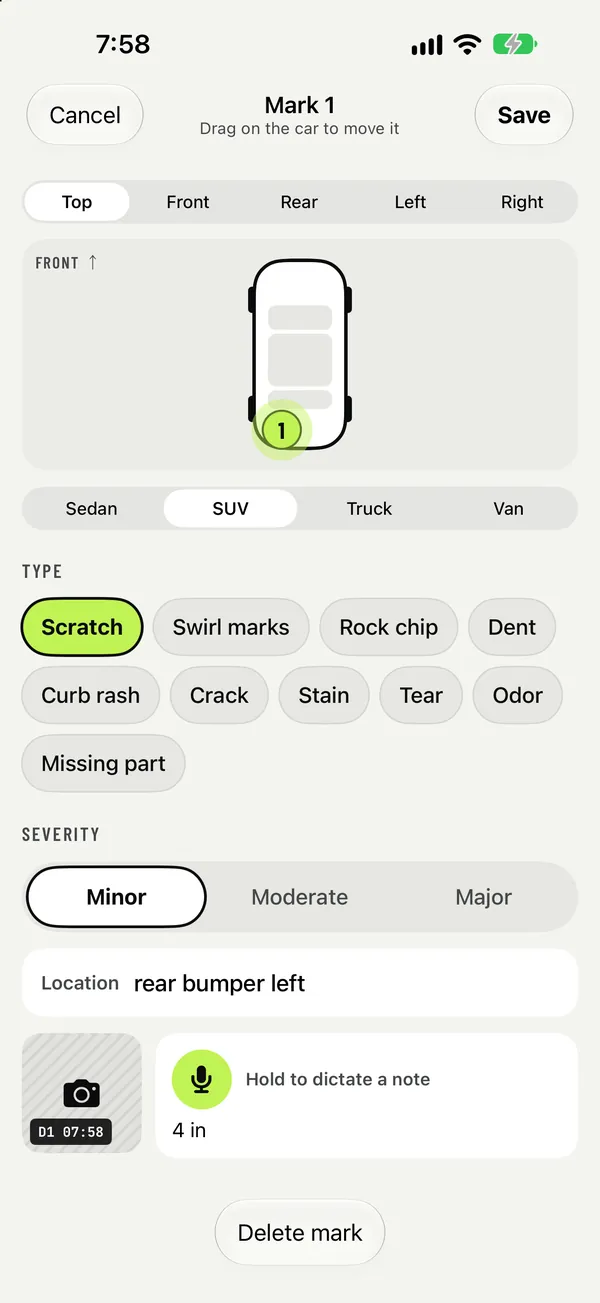 Mark damage: type, severity, location, close-up and voice note