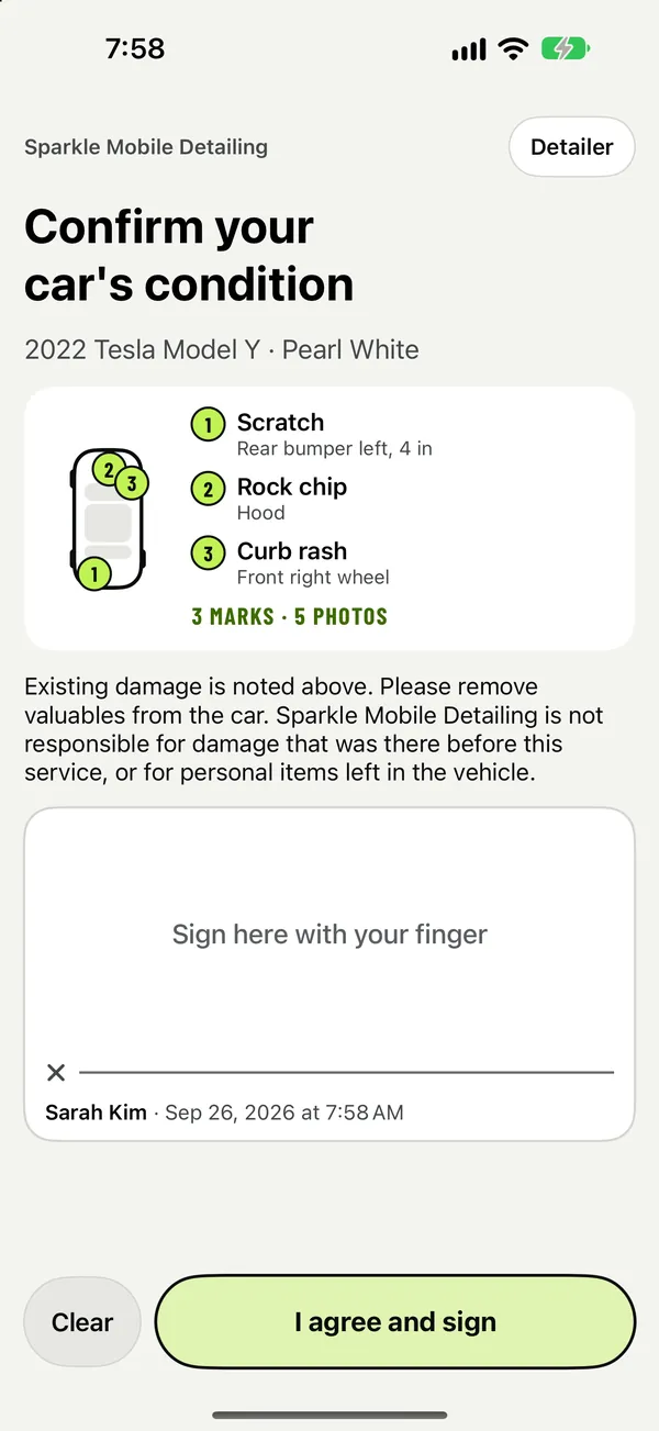 Customer sign screen: confirm your car's condition