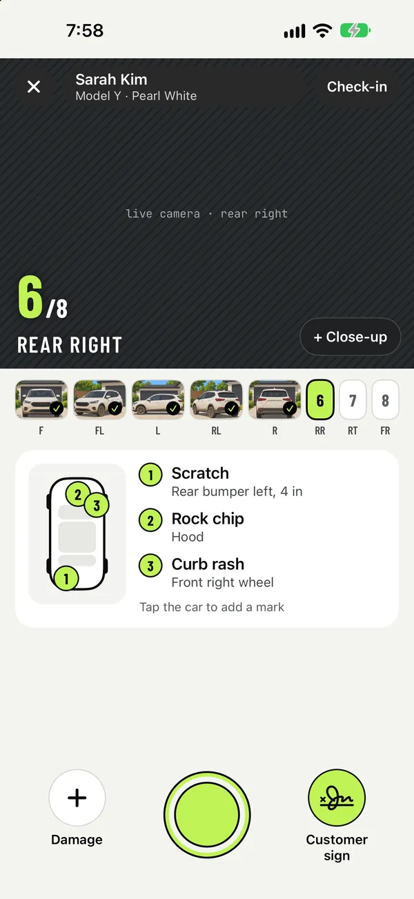 Beadline walk-around screen: 6 of 8 angles, car diagram with 3 damage marks